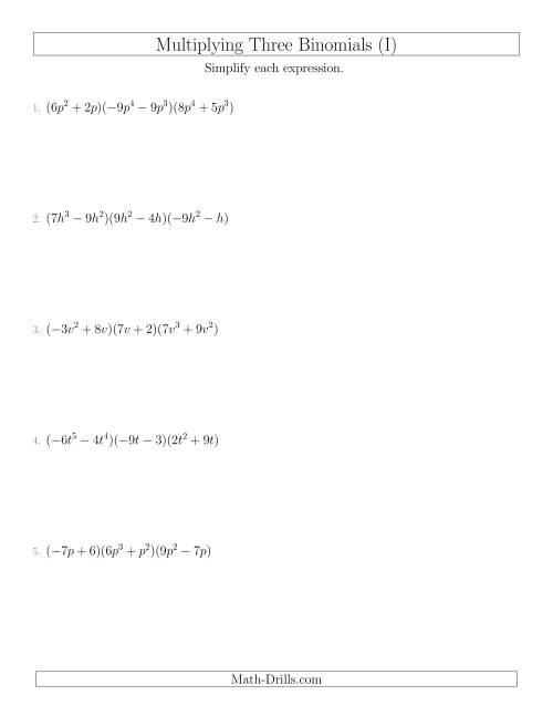The Multiplying Three Binomials (I) Math Worksheet