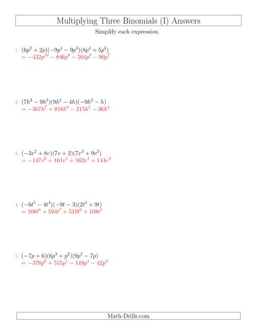 The Multiplying Three Binomials (I) Math Worksheet Page 2
