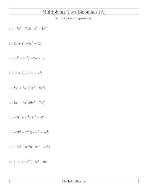 The Multiplying Two Binomials (A) Math Worksheet