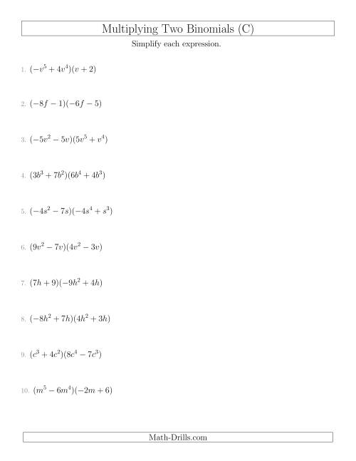 The Multiplying Two Binomials (C) Math Worksheet