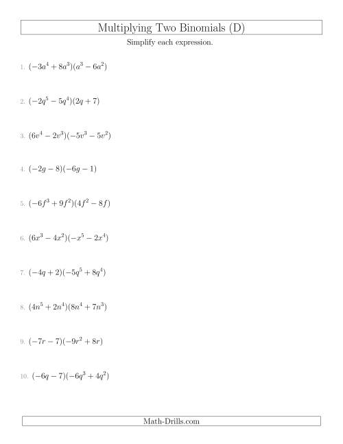 The Multiplying Two Binomials (D) Math Worksheet