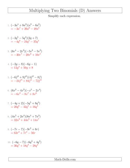 The Multiplying Two Binomials (D) Math Worksheet Page 2