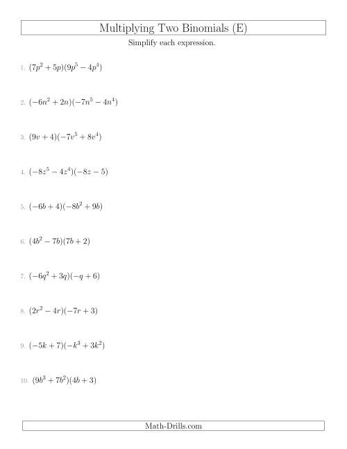 The Multiplying Two Binomials (E) Math Worksheet