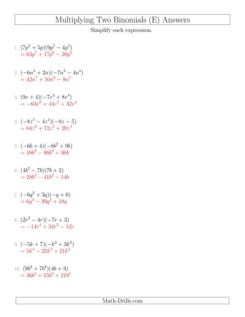 The Multiplying Two Binomials (E) Math Worksheet Page 2