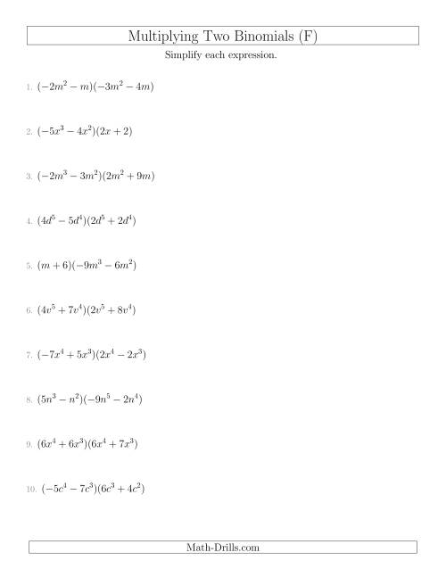 The Multiplying Two Binomials (F) Math Worksheet