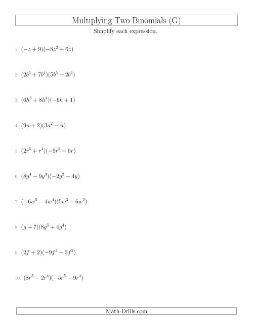 The Multiplying Two Binomials (G) Math Worksheet