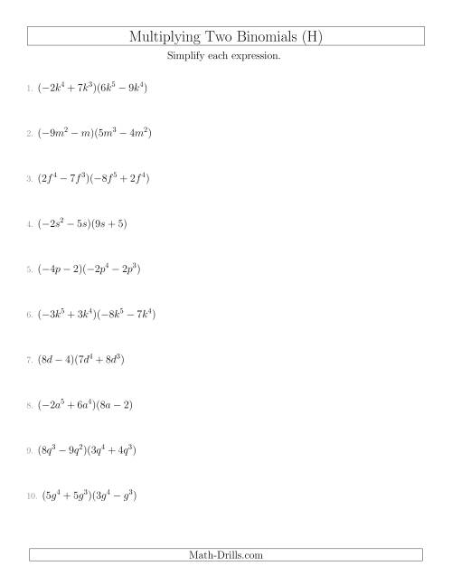 The Multiplying Two Binomials (H) Math Worksheet