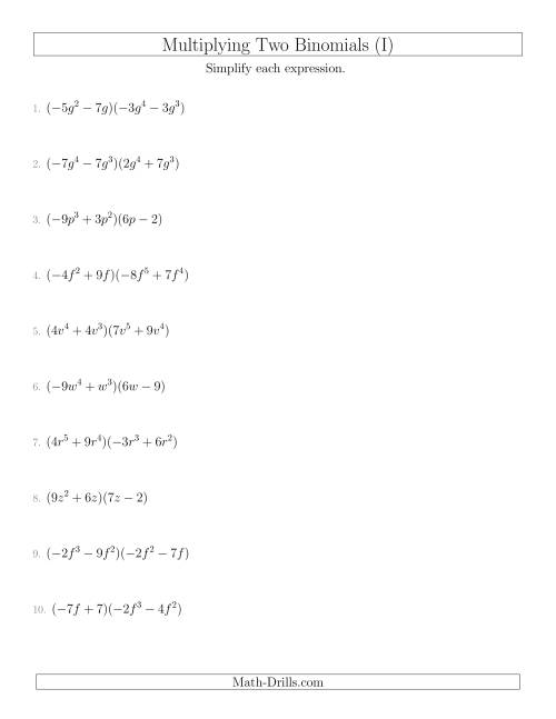 The Multiplying Two Binomials (I) Math Worksheet