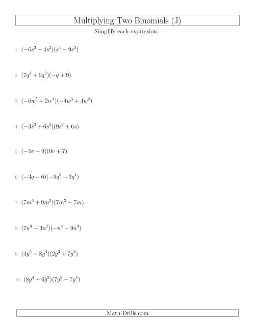 The Multiplying Two Binomials (J) Math Worksheet