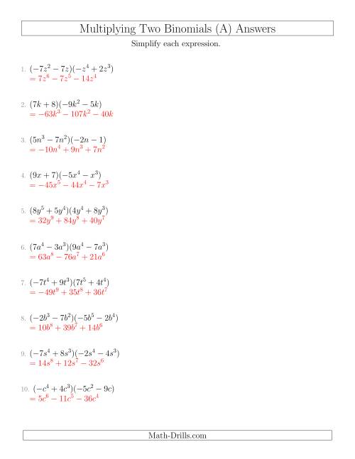 The Multiplying Two Binomials (All) Math Worksheet Page 2