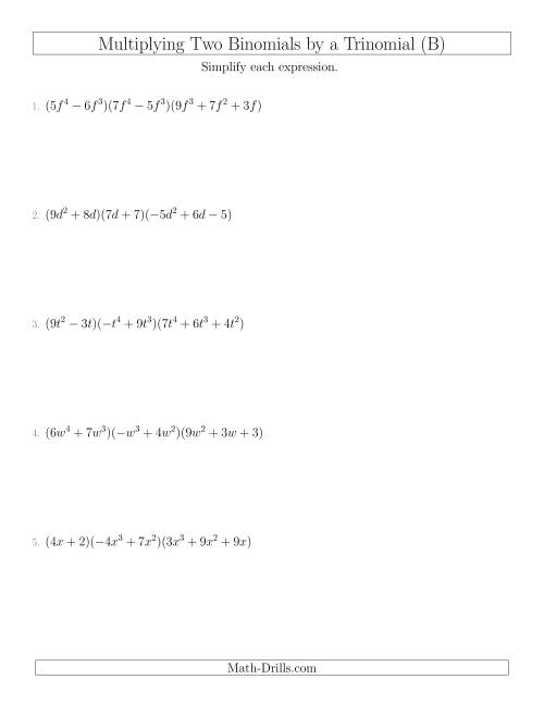 The Multiplying Two Binomials by a Trinomial (B) Math Worksheet