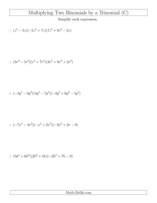 The Multiplying Two Binomials by a Trinomial (C) Math Worksheet