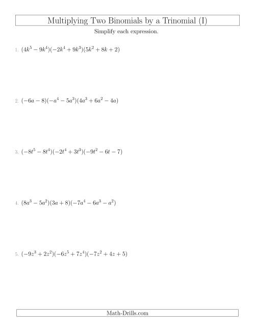 The Multiplying Two Binomials by a Trinomial (I) Math Worksheet