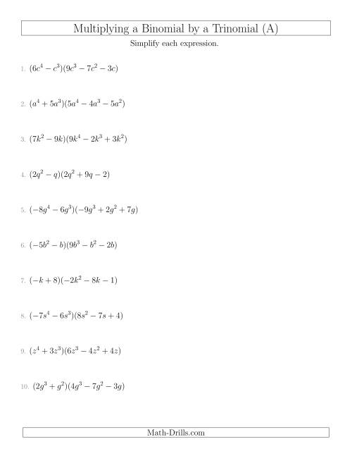 The Multiplying a Binomial by a Trinomial (A) Math Worksheet