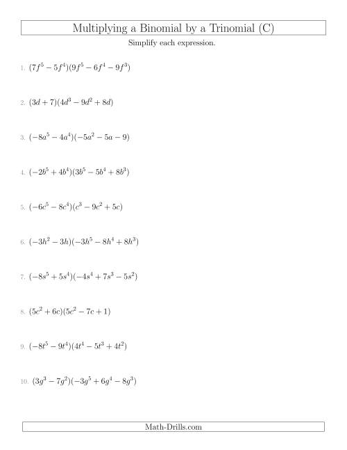 The Multiplying a Binomial by a Trinomial (C) Math Worksheet