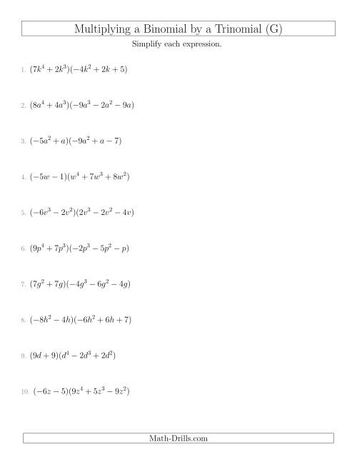 The Multiplying a Binomial by a Trinomial (G) Math Worksheet