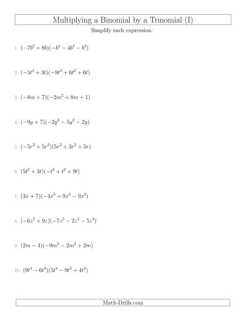 The Multiplying a Binomial by a Trinomial (I) Math Worksheet