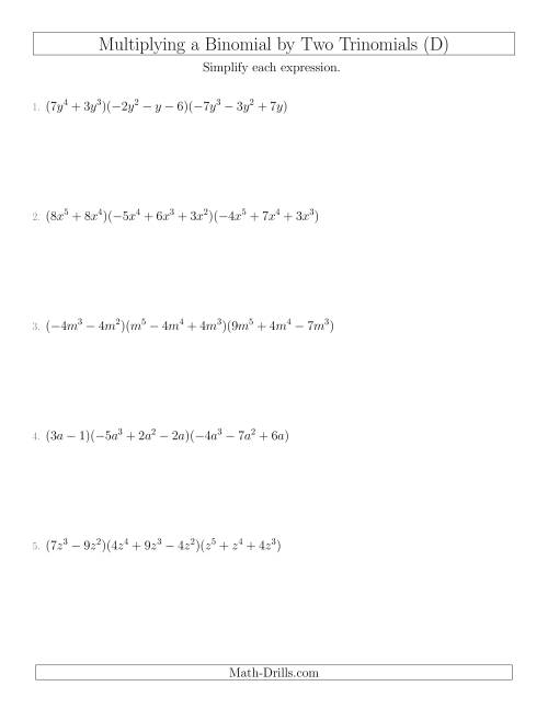 The Multiplying a Binomial by Two Trinomials (D) Math Worksheet