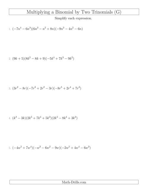 The Multiplying a Binomial by Two Trinomials (G) Math Worksheet