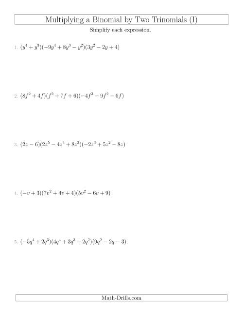 The Multiplying a Binomial by Two Trinomials (I) Math Worksheet