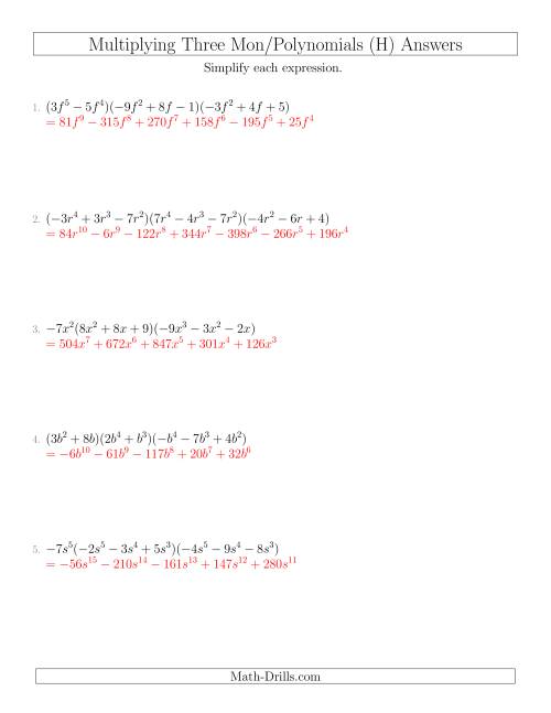 The Multiplying Monomials and Polynomials with Three Factors (H) Math Worksheet Page 2