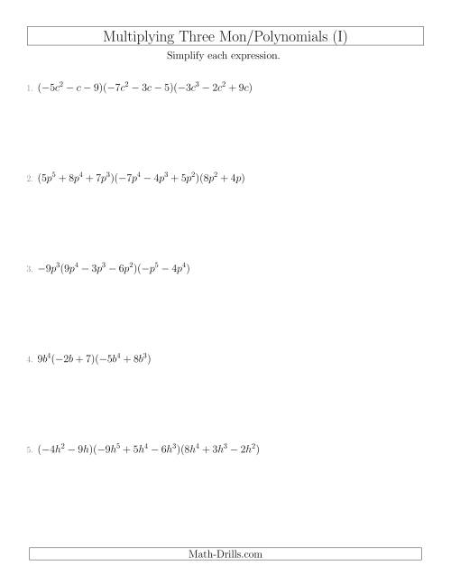 The Multiplying Monomials and Polynomials with Three Factors (I) Math Worksheet