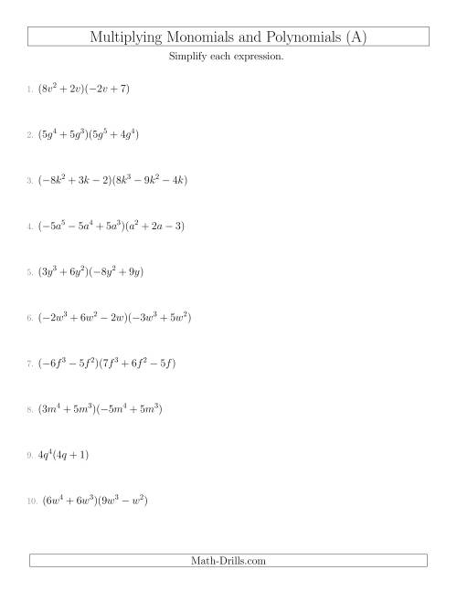 The Multiplying Monomials and Polynomials with Two Factors Mixed Questions (A) Math Worksheet