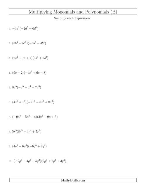 The Multiplying Monomials and Polynomials with Two Factors Mixed Questions (B) Math Worksheet