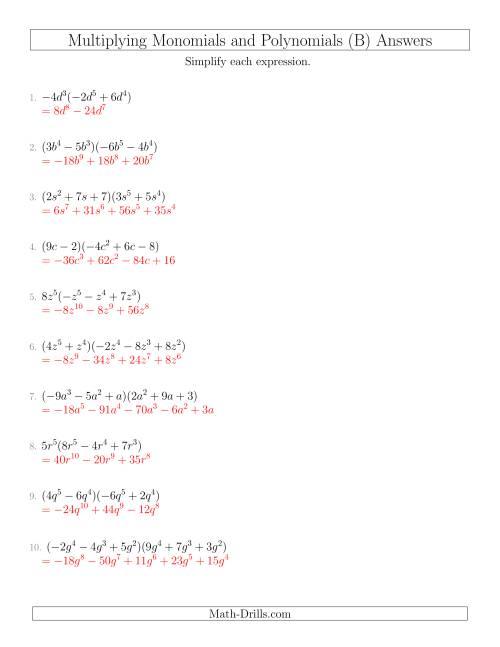 The Multiplying Monomials and Polynomials with Two Factors Mixed Questions (B) Math Worksheet Page 2