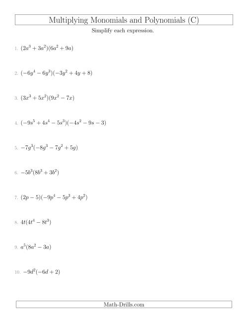 The Multiplying Monomials and Polynomials with Two Factors Mixed Questions (C) Math Worksheet