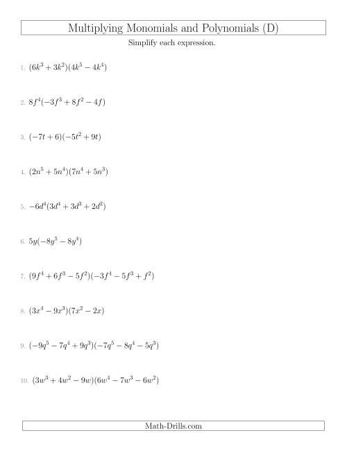 The Multiplying Monomials and Polynomials with Two Factors Mixed Questions (D) Math Worksheet