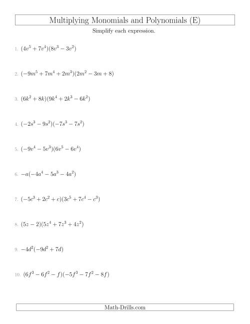 The Multiplying Monomials and Polynomials with Two Factors Mixed Questions (E) Math Worksheet