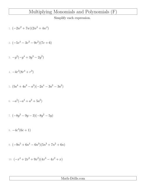 The Multiplying Monomials and Polynomials with Two Factors Mixed Questions (F) Math Worksheet