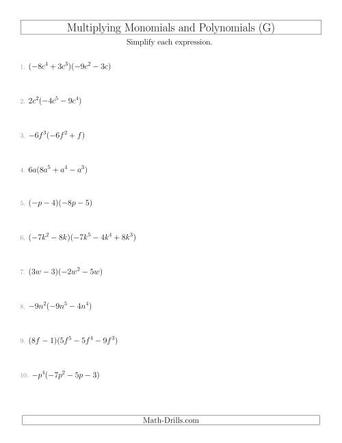 The Multiplying Monomials and Polynomials with Two Factors Mixed Questions (G) Math Worksheet