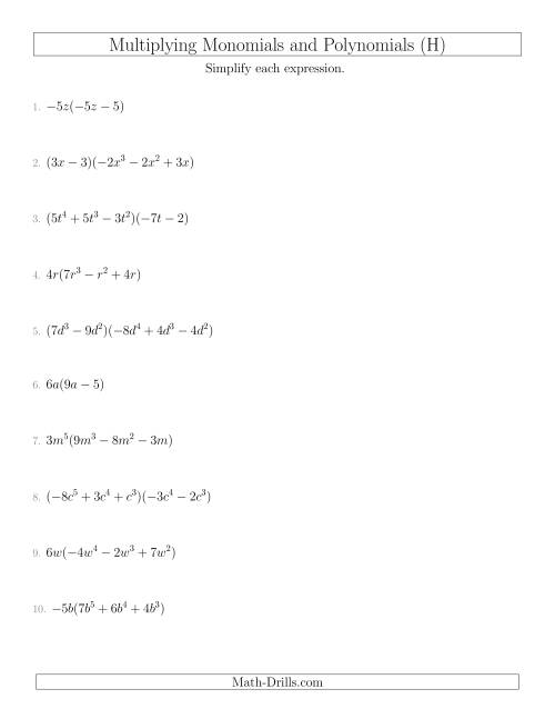 The Multiplying Monomials and Polynomials with Two Factors Mixed Questions (H) Math Worksheet