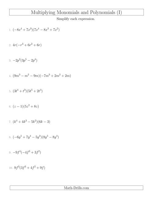 The Multiplying Monomials and Polynomials with Two Factors Mixed Questions (I) Math Worksheet