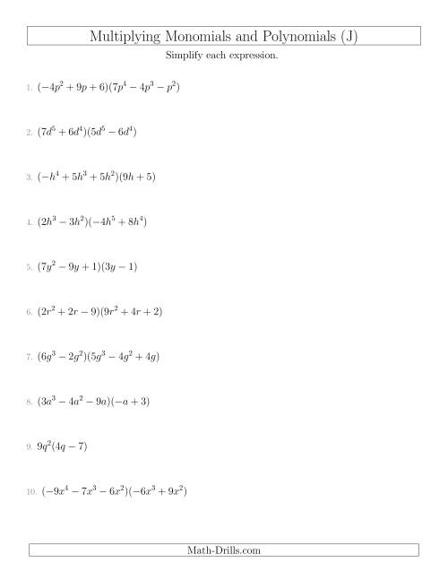 The Multiplying Monomials and Polynomials with Two Factors Mixed Questions (J) Math Worksheet