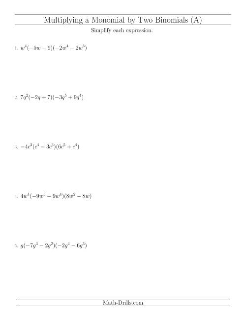 The Multiplying a Monomial by Two Binomials (A) Math Worksheet