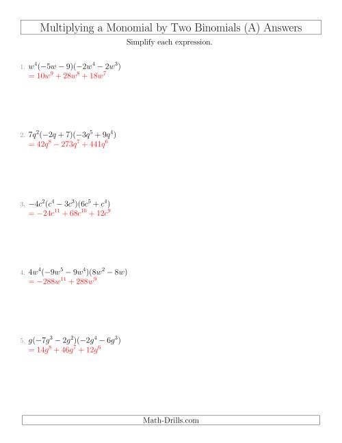 The Multiplying a Monomial by Two Binomials (A) Math Worksheet Page 2