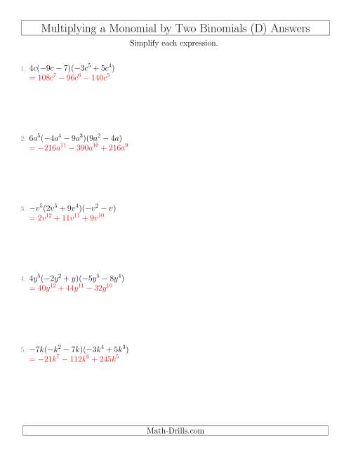 The Multiplying a Monomial by Two Binomials (D) Math Worksheet Page 2