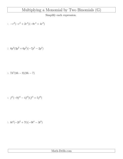 The Multiplying a Monomial by Two Binomials (G) Math Worksheet