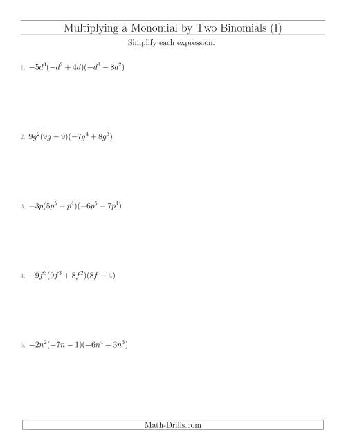 The Multiplying a Monomial by Two Binomials (I) Math Worksheet