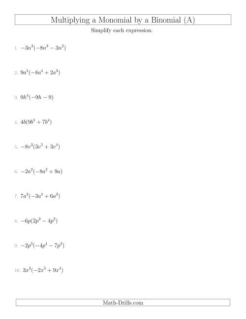 The Multiplying a Monomial by a Binomial (A) Math Worksheet