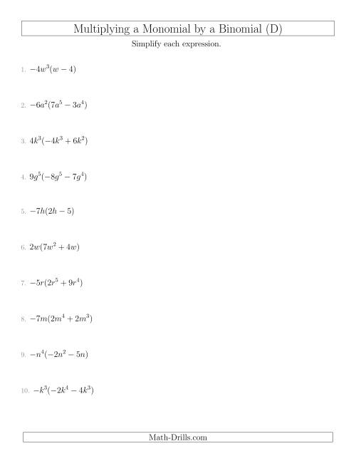 The Multiplying a Monomial by a Binomial (D) Math Worksheet