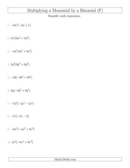 The Multiplying a Monomial by a Binomial (F) Math Worksheet