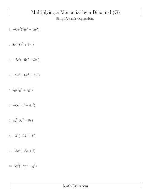 The Multiplying a Monomial by a Binomial (G) Math Worksheet