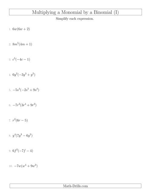 The Multiplying a Monomial by a Binomial (I) Math Worksheet