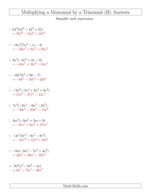 The Multiplying a Monomial by a Trinomial (B) Math Worksheet Page 2