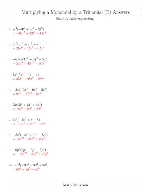 The Multiplying a Monomial by a Trinomial (E) Math Worksheet Page 2
