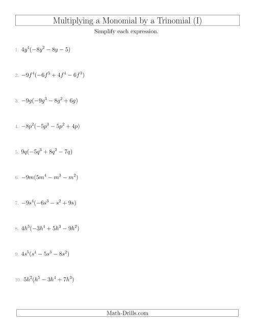 The Multiplying a Monomial by a Trinomial (I) Math Worksheet